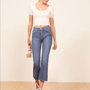 reformation mid crop flare striped jeans